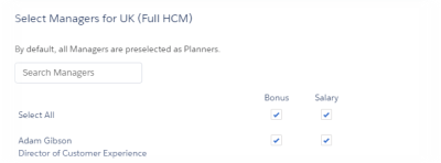 Screenshot showing a manager selected as a planner for both bonus and salary planning